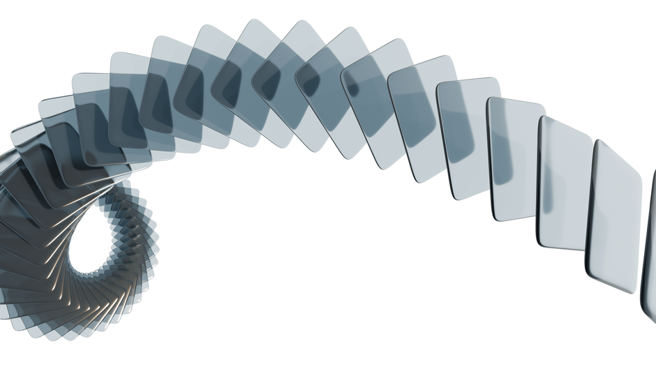 A modern abstract image showcasing a spiral of transparent panels on a white background.